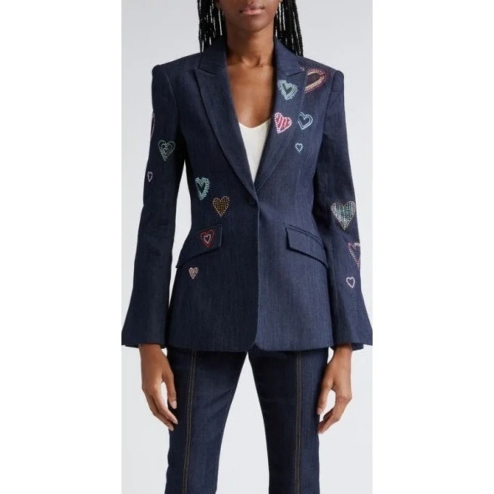 Cinq a Sept Cheyenne Blazer Women Size 6 Blue Denim Rhinestone Heart Embellished
